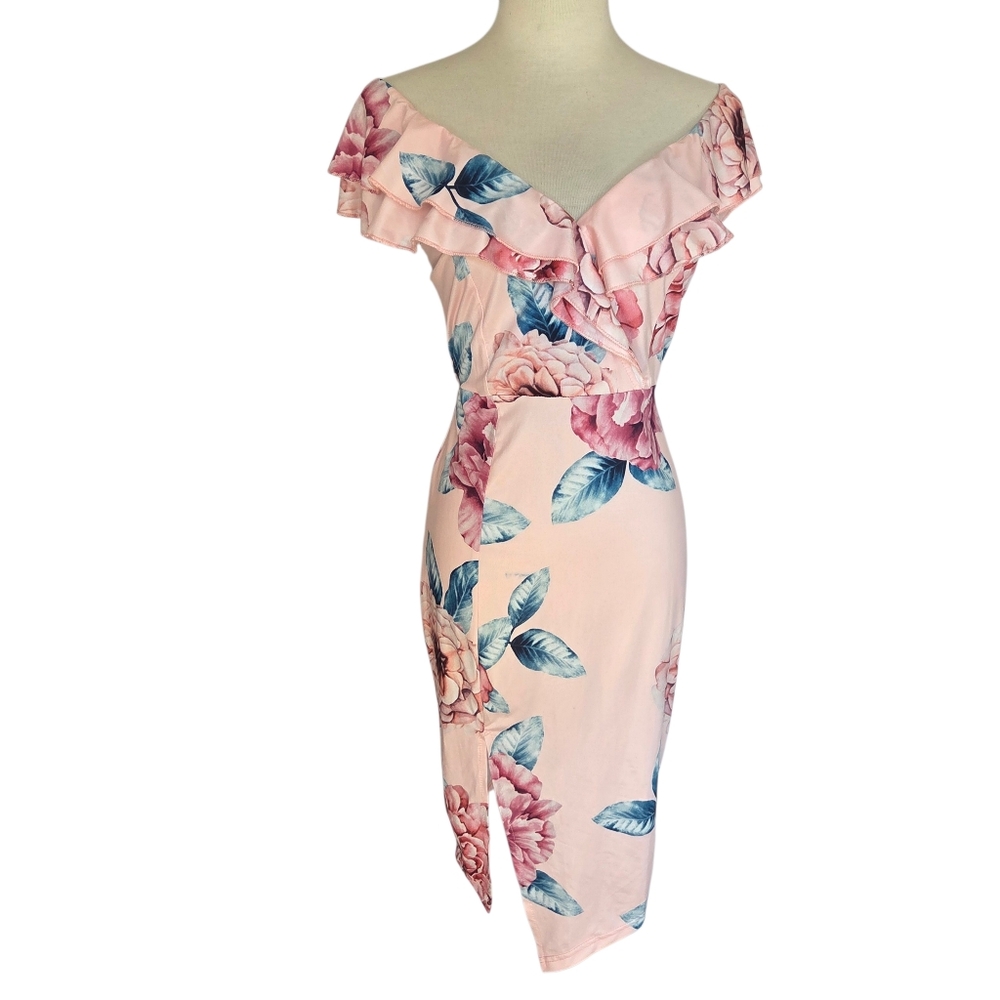 CBR- Pink Floral Off The Shoulder Midi Dress With Ruffle- SZ M